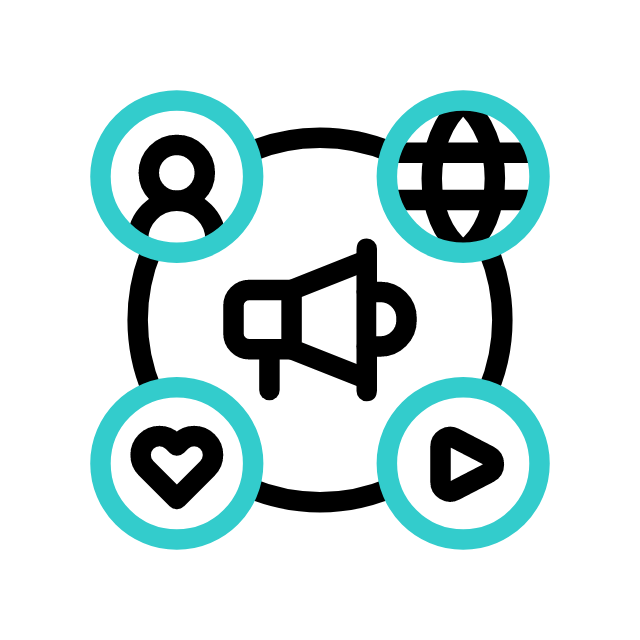 A megaphone icon surrounded by symbols for user, globe, heart, and play button, all within blue circles, representing digital marketing or social media concepts.