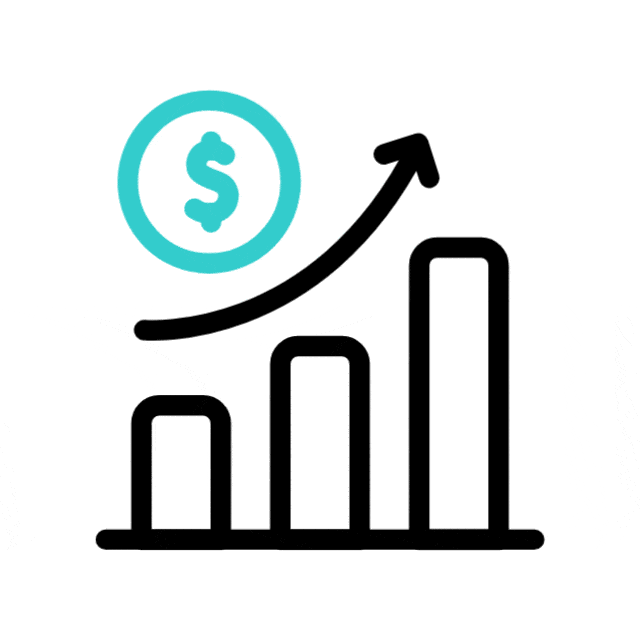 A bar chart with rising bars, an upward arrow, and a dollar sign, symbolizing financial growth or increasing profits.