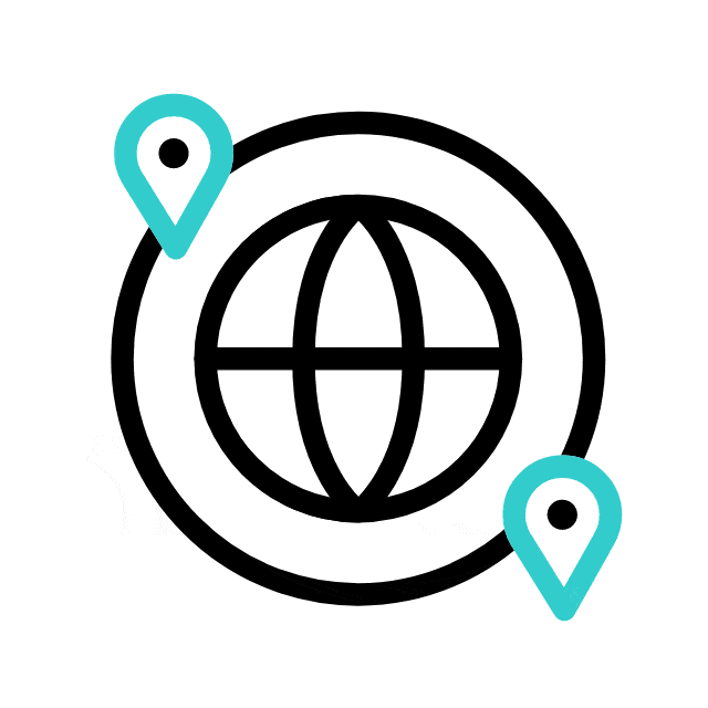 A black globe icon with two turquoise map location pins, one at the top left and one at the bottom right of the globe, on a white background.
