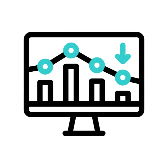 A computer monitor displays a bar chart and a line graph with circles, showing a downward trend indicated by a blue arrow pointing down.