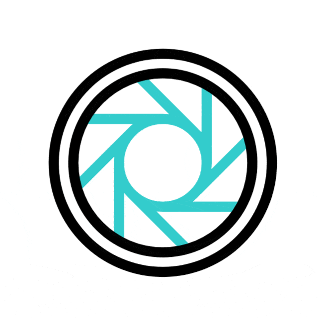 A black and turquoise aperture icon spins smoothly in place, resembling a camera lens with rotating triangular segments inside two black rings.