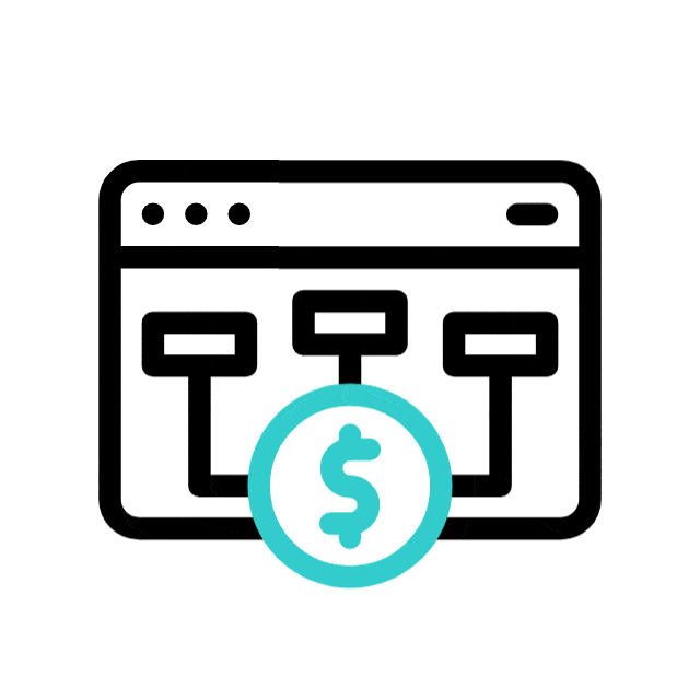 A black outlined flowchart icon inside a browser window, with a teal dollar sign symbol in front, representing online financial management or budget planning.