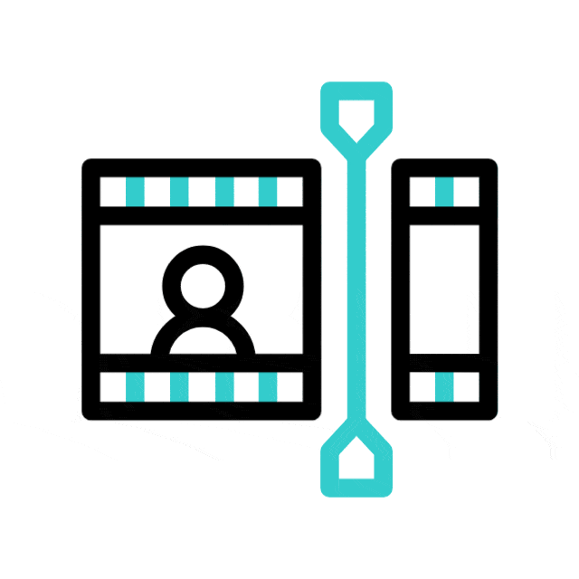Animated icon of a filmstrip with a person shape in one frame, scissors cutting the strip, and the person disappearing, illustrating the concept of removing people from video or editing video clips.