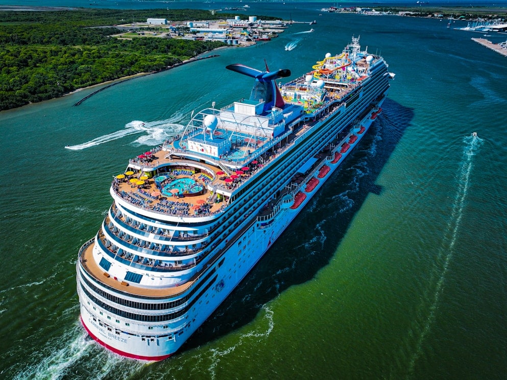 A large cruise ship sails through a channel with passengers on deck, pools, and waterslides visible. The coastline, greenery, and distant port facilities appear in the background under a clear blue sky.