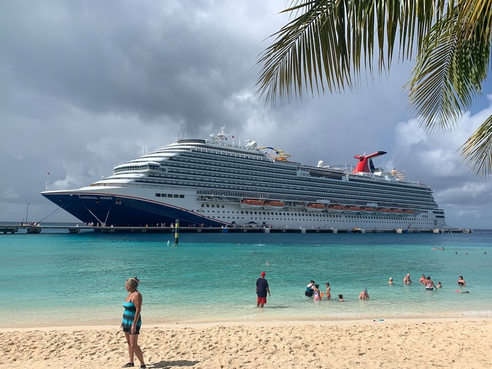 A large cruise ship is docked near a beach with turquoise water. People are swimming and playing in the shallow water, while others stand or walk on the sandy shore. Palm leaves are visible in the top right corner.