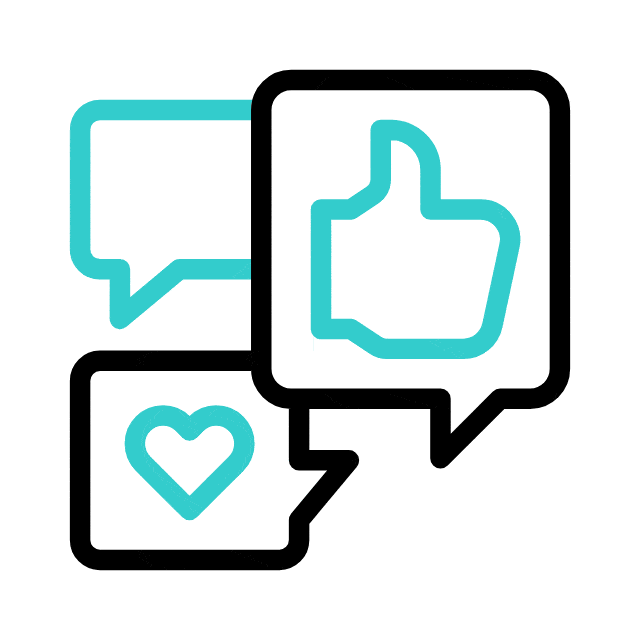 Three speech bubbles: one with a thumbs-up, one with a heart, and one empty, depicted in black and blue lines.