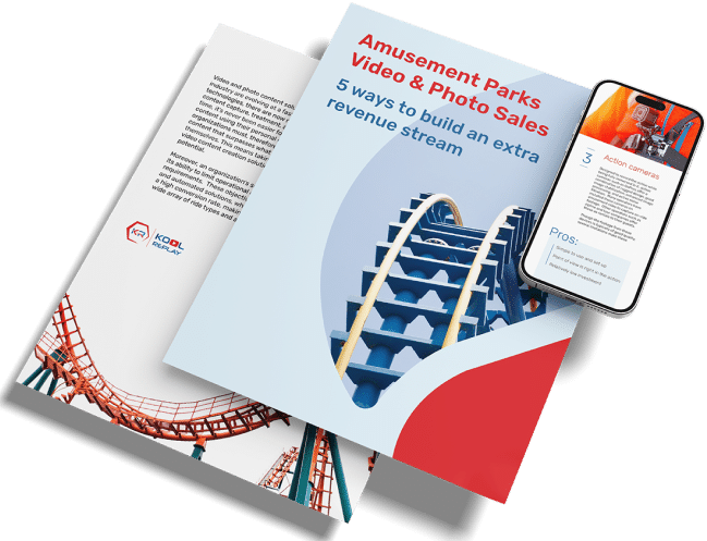 Three marketing materials featuring roller coaster images: an open brochure, a closed report titled “Amusement Parks Video & Photo Sales,“ and a smartphone displaying related content from the Knowledge Center.