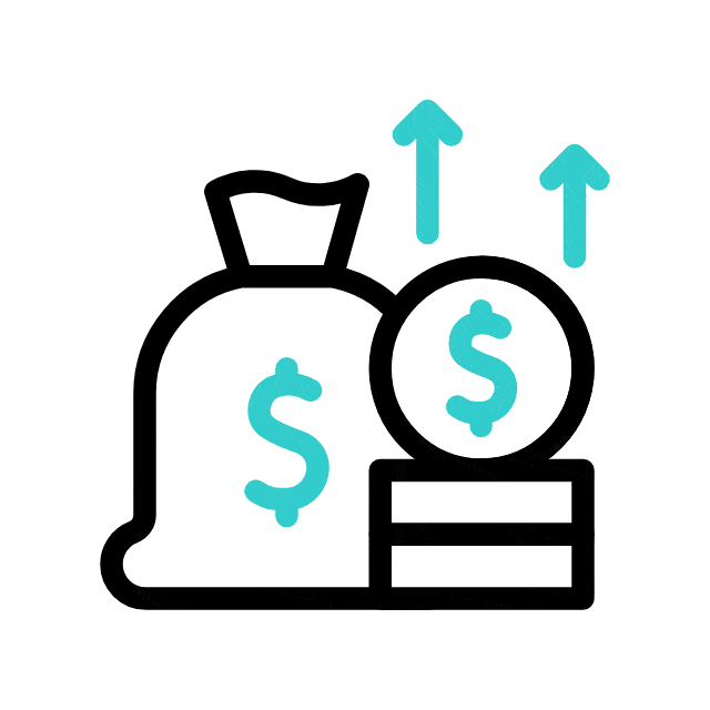 A money bag and coin with dollar signs, next to stacked coins. Two upward arrows above the coins symbolize financial growth or increasing profits.