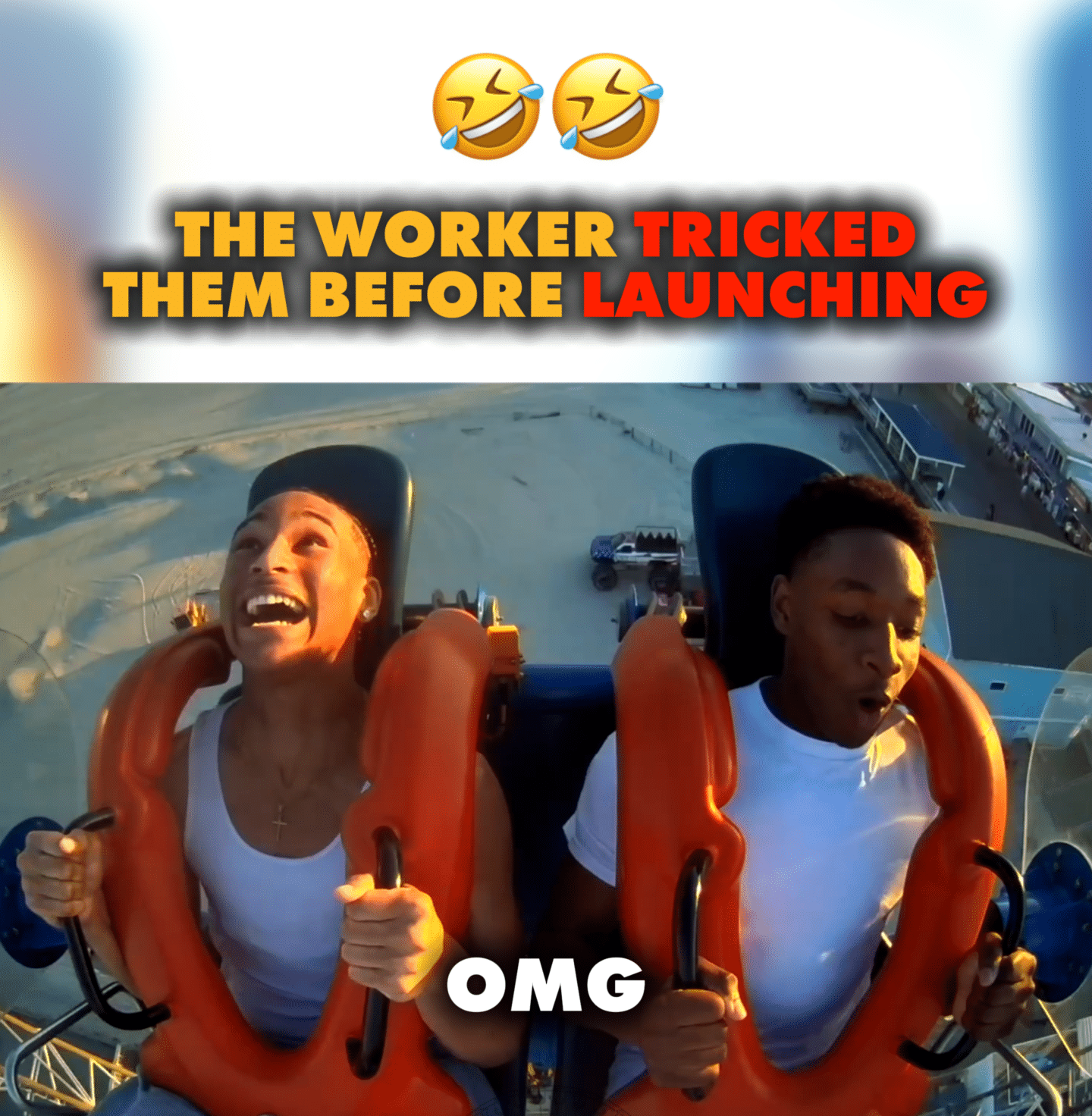 Two people on an Amusement Parks slingshot ride react with surprise and excitement, gripping their seats tightly, with “The worker tricked them before launching” and “OMG” text above and below the image.