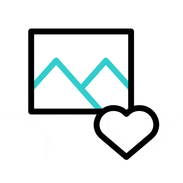 A simple icon of a landscape photo with mountains, outlined in black, and a heart shape partially overlapping the bottom right corner, symbolizing liking or favoriting an image.