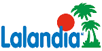 Lalandia logo with blue text and two green palm trees next to a red sun.