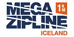 Logo for Mega Zipline Iceland with bold blue text and a red box displaying “1 KM”.