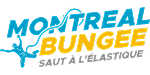 Logo with “Montreal Bungee” in blue and yellow text, a bungee jumper silhouette, and the phrase “Saut à l’élastique” underneath.