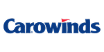 Carowinds logo with blue text and a small red flag above the letter “n” on a light gray background.
