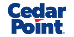 Cedar Point logo with “Cedar Point” in bold blue letters; the dot of the “i” is stylized as a red flag.