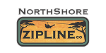 NorthShore Zipline Co logo with a person ziplining between two trees on a wooden sign background.