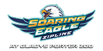 Logo with a soaring eagle above blue wings. Text reads “Soaring Eagle Zipline” in bold yellow and blue, and “at Graves Mountain Lodge” underneath in silver letters.