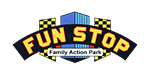 Logo for Fun Stop Family Action Park with yellow and red text, checkered patterns, and a blue building graphic in the background.