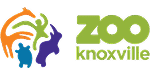 Zoo Knoxville logo with stylized orange giraffe, blue turtle, green person, and purple elephant, next to green text reading “ZOO knoxville.”.