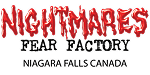 Logo with “NIGHTMARES” in red, dripping letters, and “FEAR FACTORY” in black, all caps, above “NIAGARA FALLS CANADA.” White background.