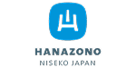 Blue square logo with a white stylized symbol above the text “HANAZONO” in bold letters, and “NISEKO JAPAN” in smaller letters below, all on a light gray background.