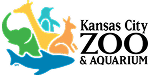 Kansas City Zoo & Aquarium logo with colorful silhouettes of an elephant, giraffe, bird, kangaroo, and shark next to the text.
