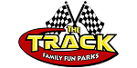 Logo for The Track Family Fun Parks, featuring two black-and-white checkered flags and bold yellow and red text with a swooping red underline.
