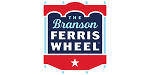 Logo for The Branson Ferris Wheel, featuring white and blue text on a red, blue, and white sign with a star at the bottom.