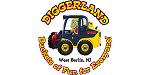 A cartoon construction vehicle with a driver, surrounded by the text “Diggerland, Buckets of Fun for Everyone, West Berlin, NJ.”.
