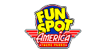 Fun Spot America logo with bold yellow “FUN SPOT” text above red “AMERICA” and “THEME PARKS” in white, all over a blue circle with red and yellow wing designs.