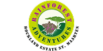 Logo for Rainforest Adventures, featuring a green and yellow circle with a parrot, trees, and rocks in the center. Text reads “Rainforest Adventures Rockland Estate, St. Maarten” around the edge.