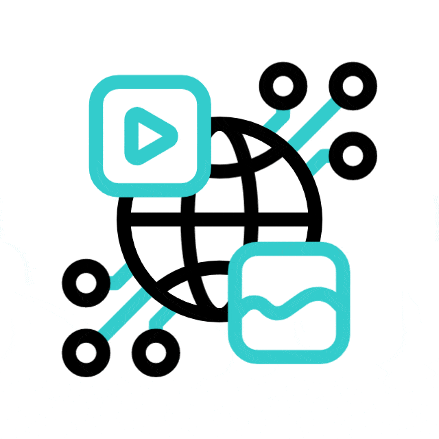 A globe with digital circuit lines, a play button, and an image icon representing global digital media and connectivity.