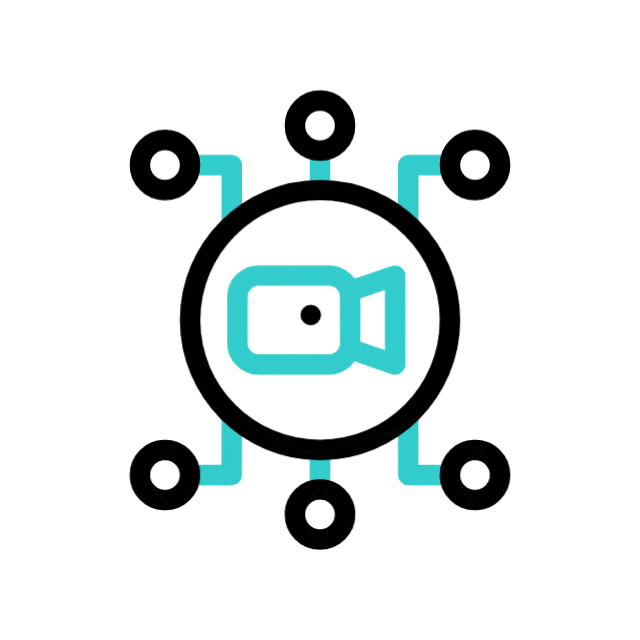 Animated icon of a video camera at the center, connected to six surrounding black dots by teal lines, representing digital or networked video communication.
