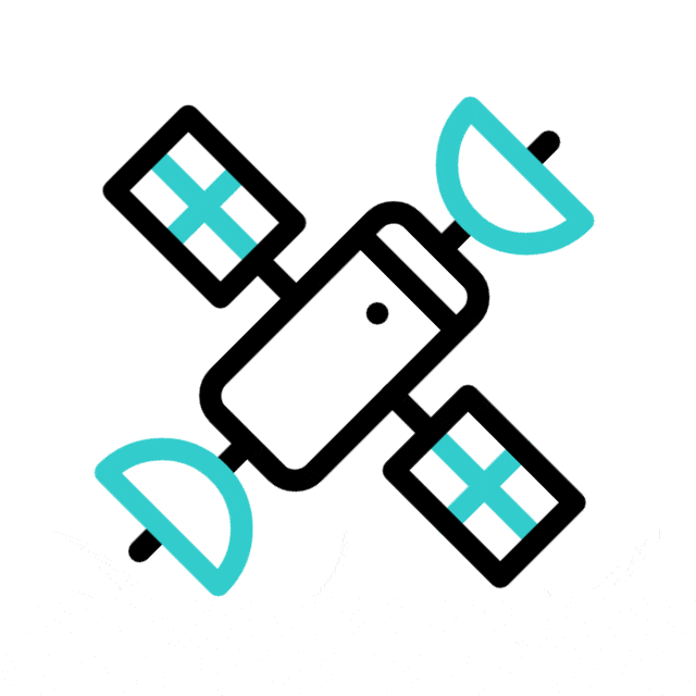 A simple, stylized satellite icon with four blue solar panels and two curved blue antennas on a white background.