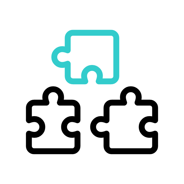 Three puzzle pieces, two black and one blue. The blue piece is above the other two, as if it is about to be placed to complete the set. The background is white.